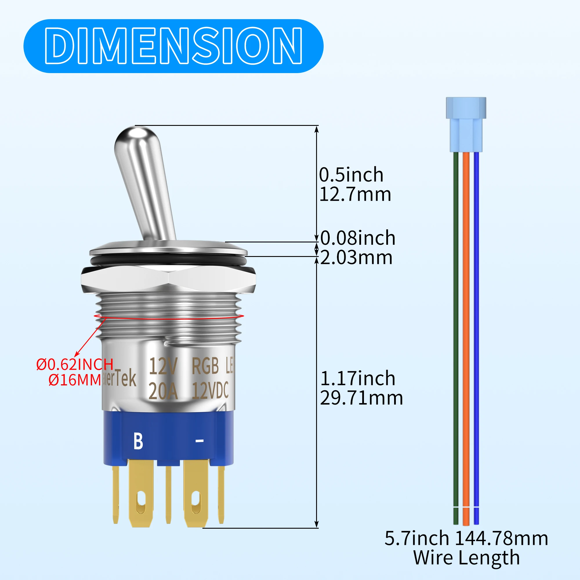 DaierTek Lighted 12V Waterproof Toggle Switch IP67 12 Volt LED RGB (RED Green Blue) 16mm Pre-Wired for Car Boat Marine