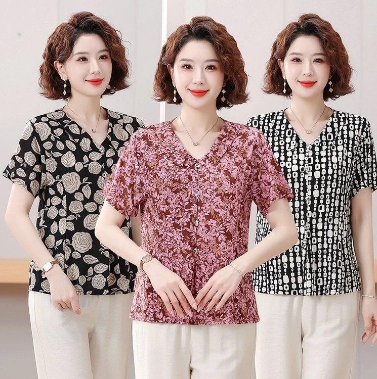 خمر التلبيب زر مطبوعة خمر قمصان الصيف جديد فضفاض كل مباراة قمم مكتب سيدة البلوزات الملابس النسائية