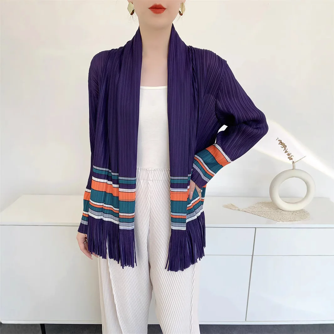 

Miyake Pleated Jacket Premium Sense Design 2025 Summer New Striped Printed Tassel Cardigan Outerwear