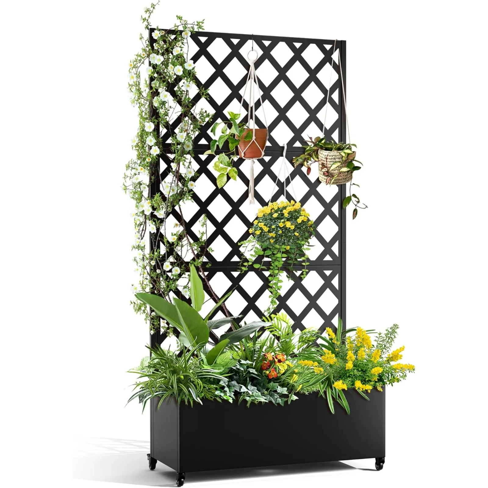 US Metal Planter Box with Diamond Lattice Trellis Planter Box for Climbing Plants/Vines, Galvanized Raised Garden Bed On Wheels
