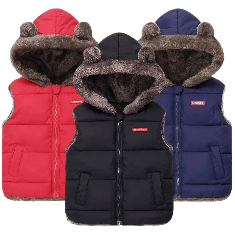 Winter Keep Warm Boys Vest Fashion Thick Plush Hooded Collar Waistcoat For 2-6 Years Old Kids Children Armor On Horse Outerwear