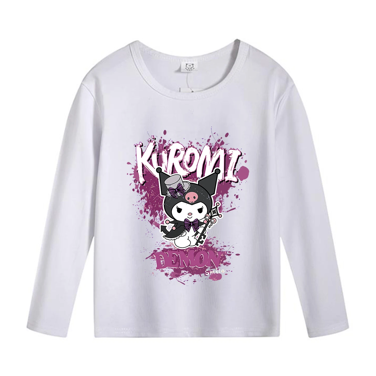 Kuromi Children\'s Long Sleeve T-shirt Kawaii Sanrio Anime Black White Casual Cotton Clothes Cute Christmas Versatile Blouse Gift