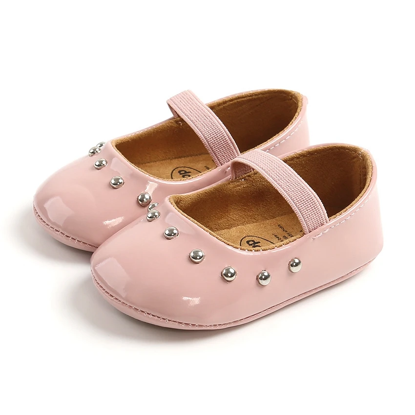 

2022 Spring Newborn Baby Girls Shoes PU Leather Rivet First Walkers Red Black Pink White Soft Soled Non-slip Crib Shoes