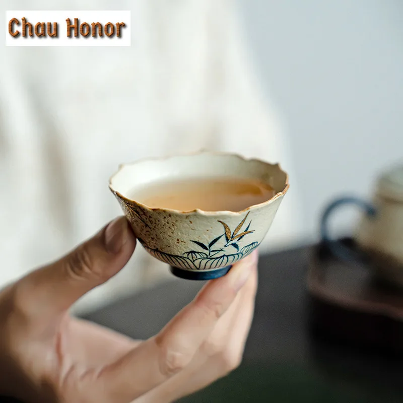 45ml Blue And White Flint Red Teacup Handmade Gold Drawing Bamboo Puer Tea Bowl Personal Sample Tea Cup Chazhan Teaset Drinkware