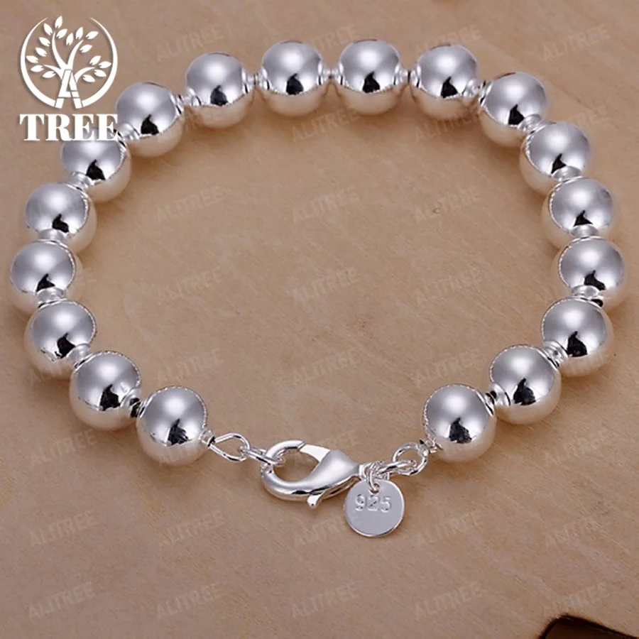 

Fine 925 Sterling Silver Bracelets Fashion Charm 10MM Beads Chain Jewelry High Quality Women Lady Party Gift 20cm