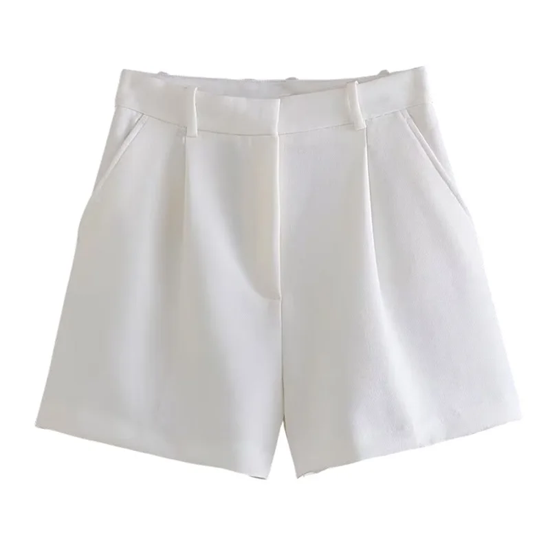 YUEYANG Women Fashion White Pleated Front Zipper Shorts Vintage High Waist Female Chic Lady Shorts