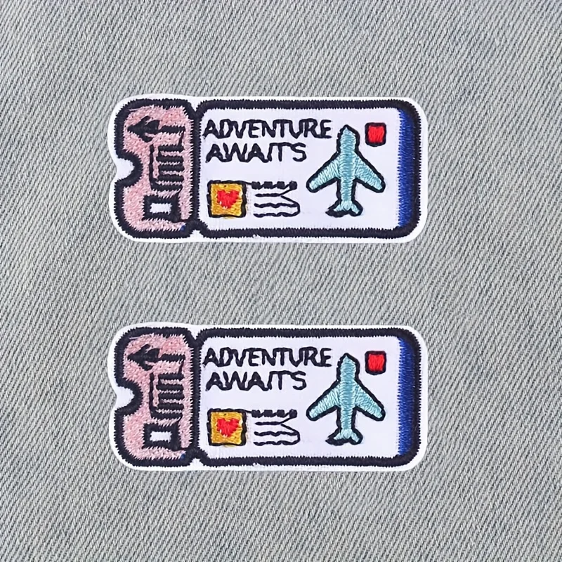 

2 Mini Airline Ticket Embroidery Patches- Colorful Knitted Iron-On/Sew-On for Clothing, Backpacks, Hats, Shoes- Fun "Adventure Awaits" Design with Airplane and Suitcase Patterns, Travel-Themed Items| Humorous Patch Design|