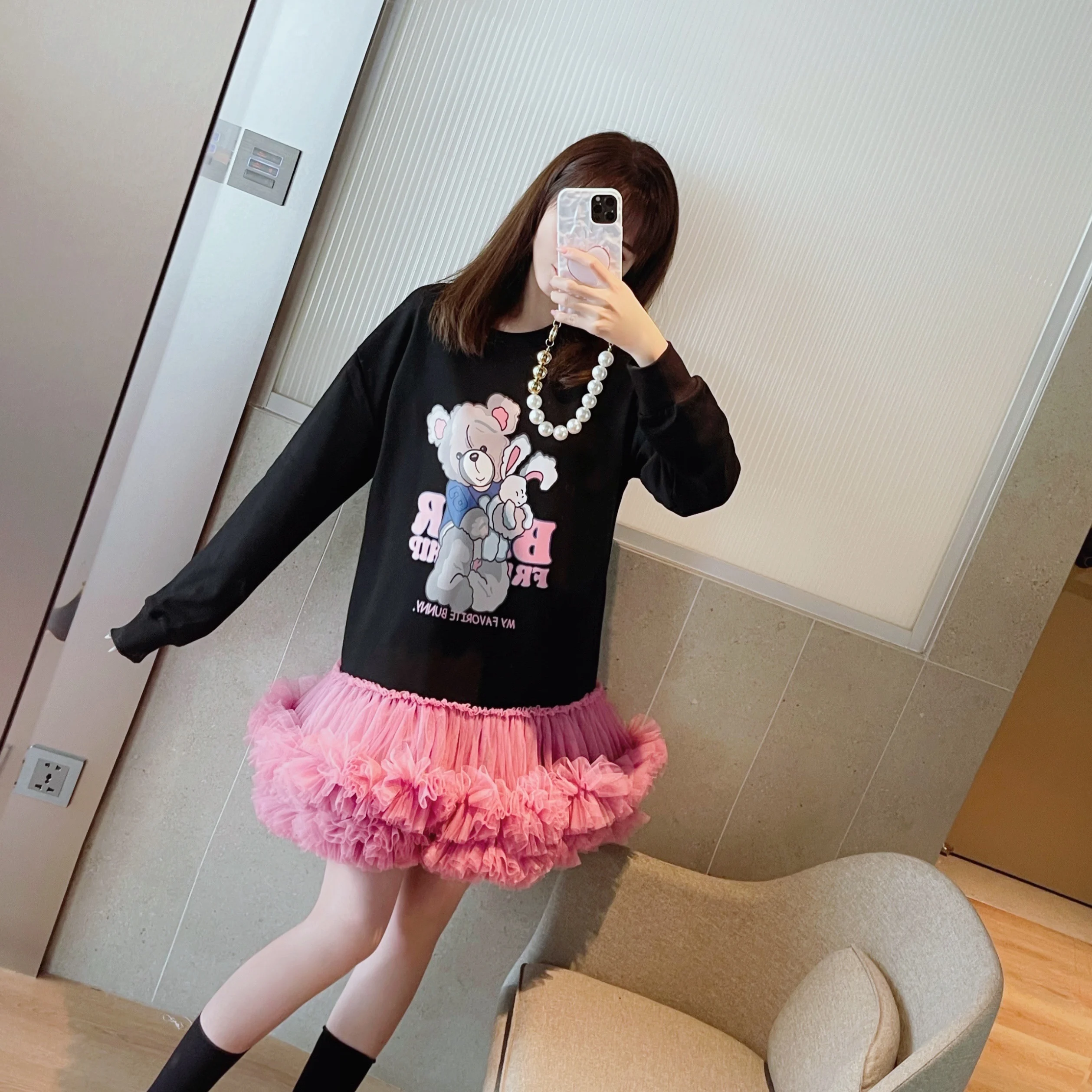 Cartoon Bear Dress Women Spring Autumn Loose Long Sleeve Sweatershirt Stitching Heavy Industry Net Yarn Pettiskirt Cute Dress