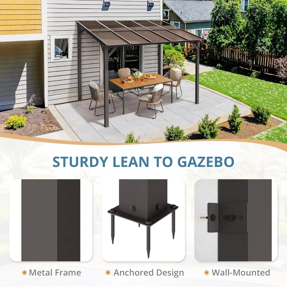 8' X 10' Hardtop Gazebo, Lean to Pergola Gazebos  Metal Frame, Patio Pavilion Roof, Outdoor Wall Mount Gazebo Deck, Backyard