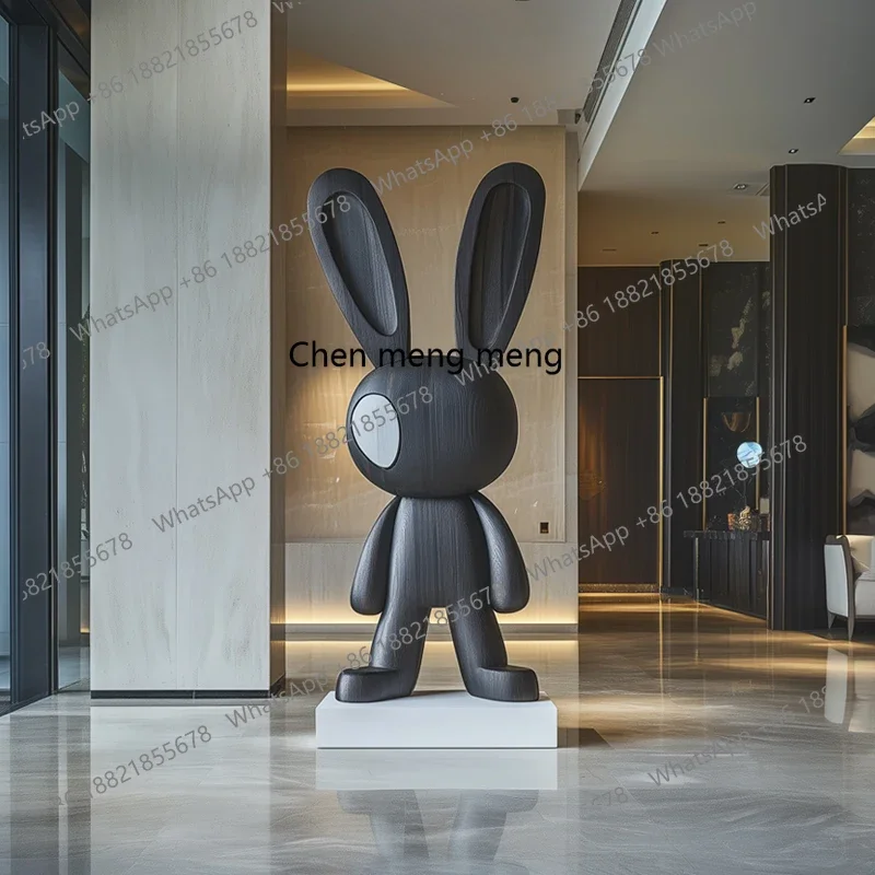 A74Hotel lobby rabbit solid wood sculpture ornament large floor decoration art installation
