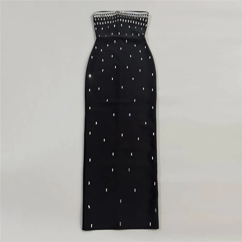 セクシーなストラップレスブラックグリッターラインストーンボディコン包帯ロングドレスノースリーブセレブイブニングパーティー誕生日プロムクラブガウン