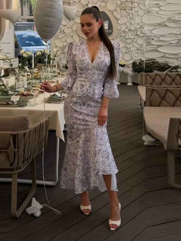 Bedrucktes Rüschen-Oberteil mit Meerjungfrauenrock-Set für Damen – Sexy Tiefer V-Ausschnitt, Halbarm, Taillenbetonende Oberteile, Lange Röcke, Schickes Damen-Outfit, Neu – Detail 17