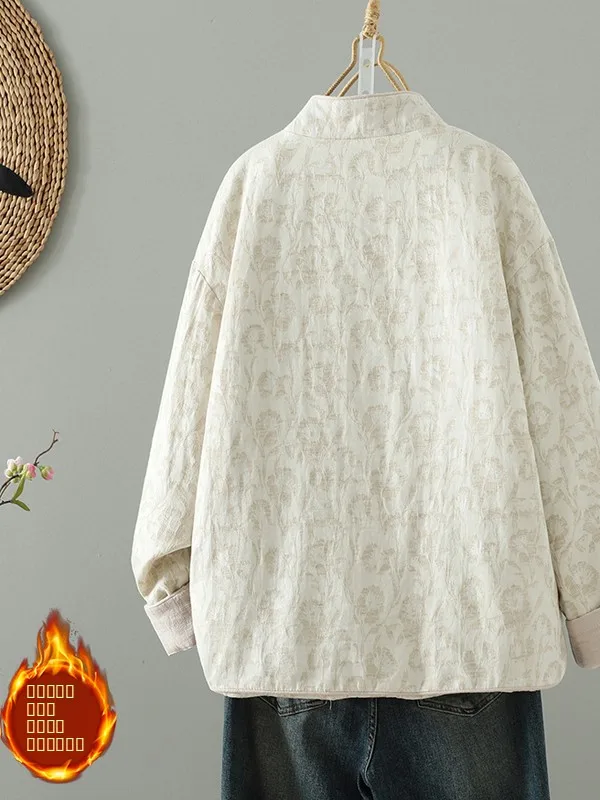 سترة نسائية صينية جديدة من القطن مع زر مطرز من القطن والكتان معطف شتوي بياقة واقفة طويلة Sve Thiened