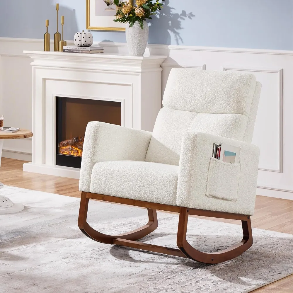 

Upholstered Rocking Chair, Nursery Chair with High Back and Side Pocket, Rocking Accent Armchair with Rubber Wood Legs