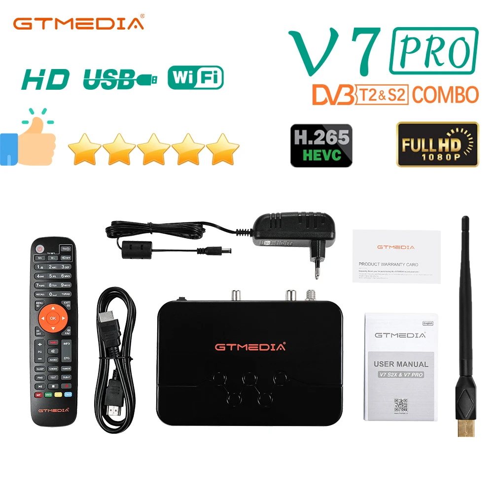 Receptor de TV por satélite GTMEDIA V7 Pro DVB-S/S2/S2X + T/T2 HEVC principal 10 perfil tarjeta CA compatible con H.265 WIFI incorporado BISS rollo