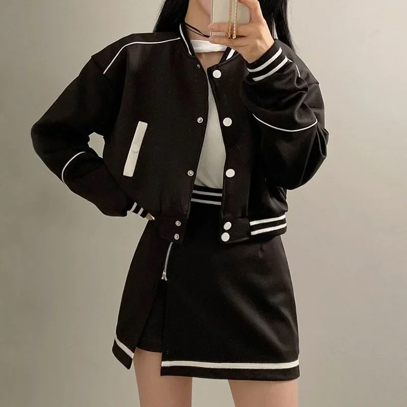 VIPOL Autumn Varsity Jacket + Skirts Sets Women 2023 New Outerwear Two Piece Sets Y2k Jackets and Skirt American Baseball Suit