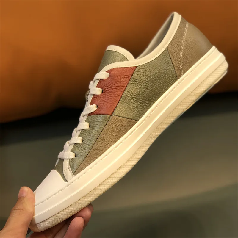 Fashionable Color-Blocked Lace-Up Sneakers Genuine Leather, Youthful Trend Stitching Casual Shoes Daily Comfortable Men's Shoes