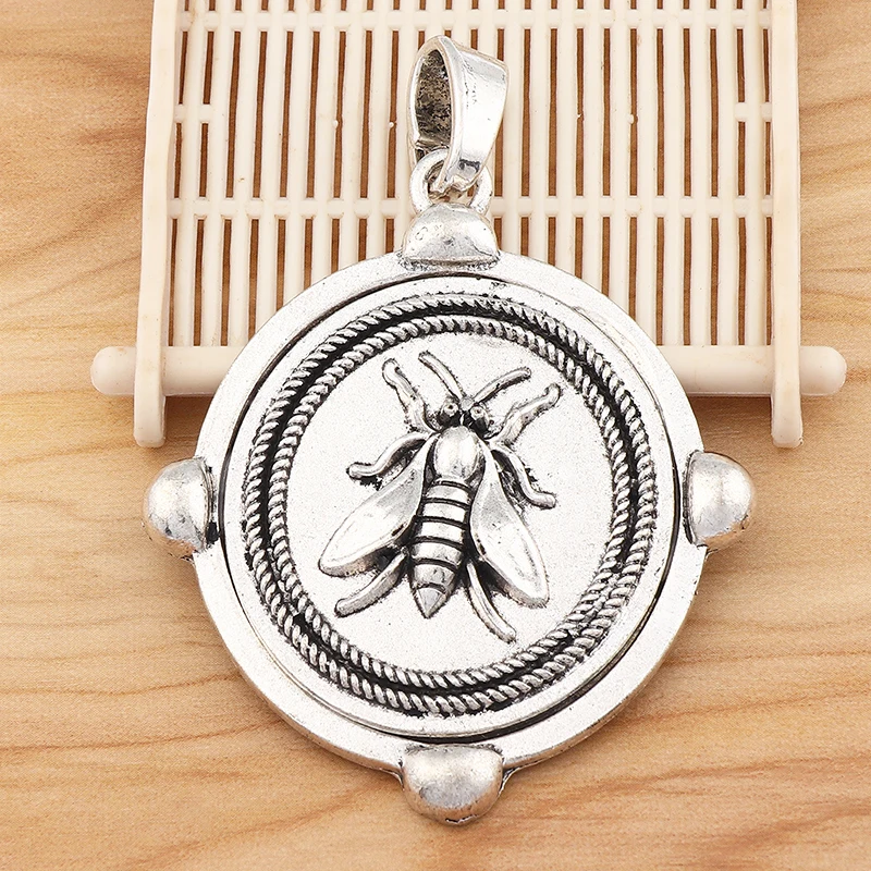 2 Pieces Large Round Bumble Bee Honeybee Insect Silver Color Charms Pendants for DIY Necklace Jewellery Making Finding 76x55mm