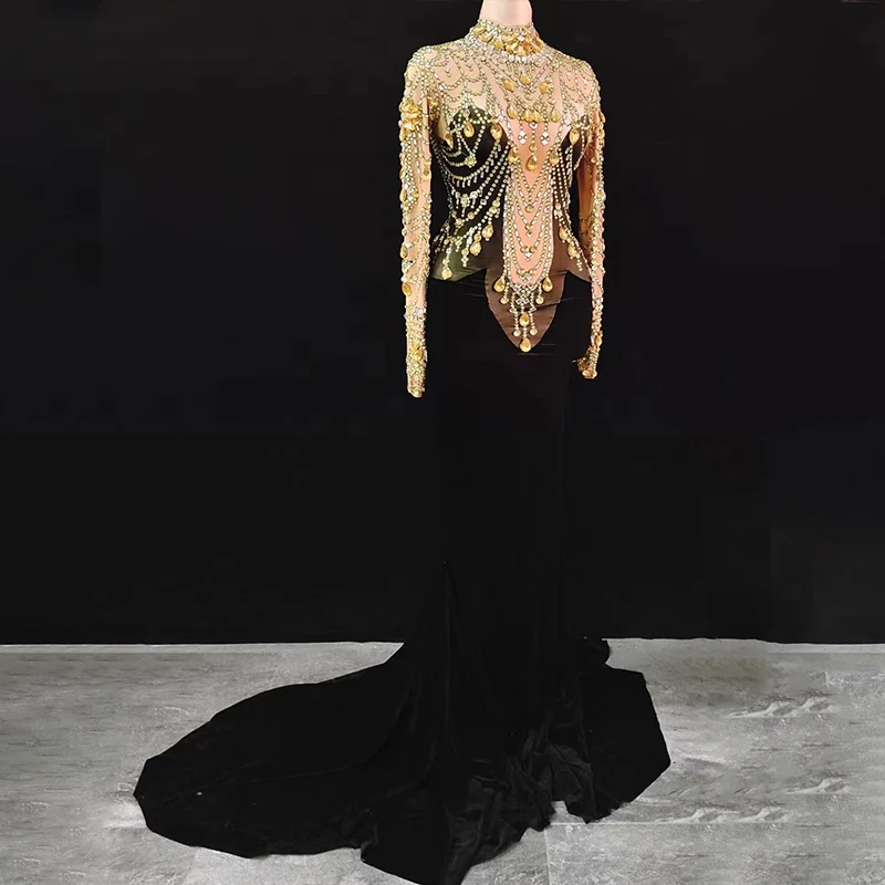 

Sparkly Gold Rhinestone Velvet Long Dress Women Evening Prom Wedding Birthday Party Dresses Floor-length Performance Show Wear