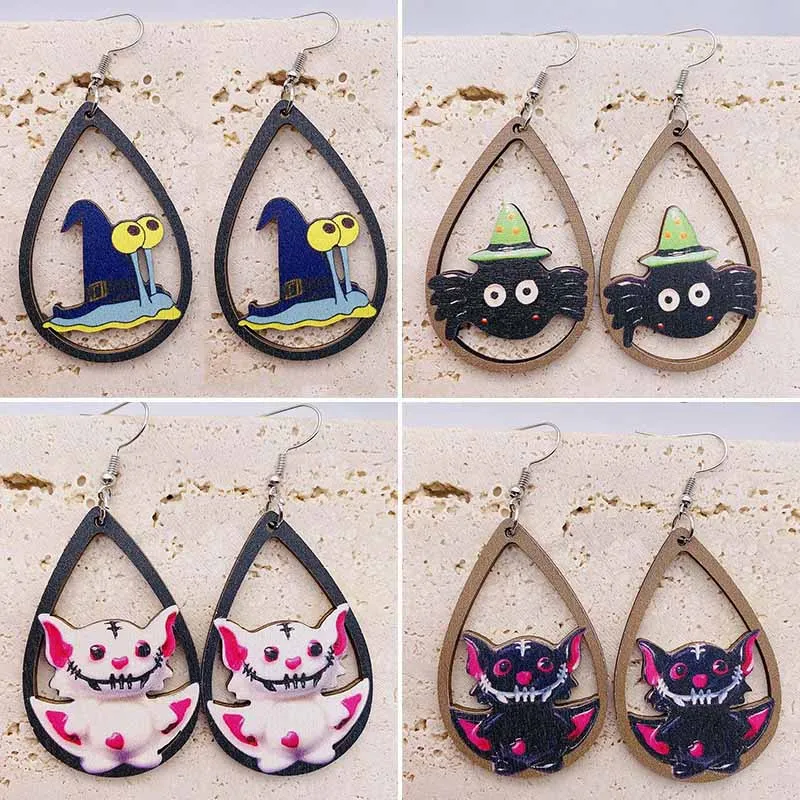 New Halloween Earrings Monster Wizard Hat Skull Head Mummy Pendant Water Droplet Hollow Wooden Ear Rings Gift Wholesale