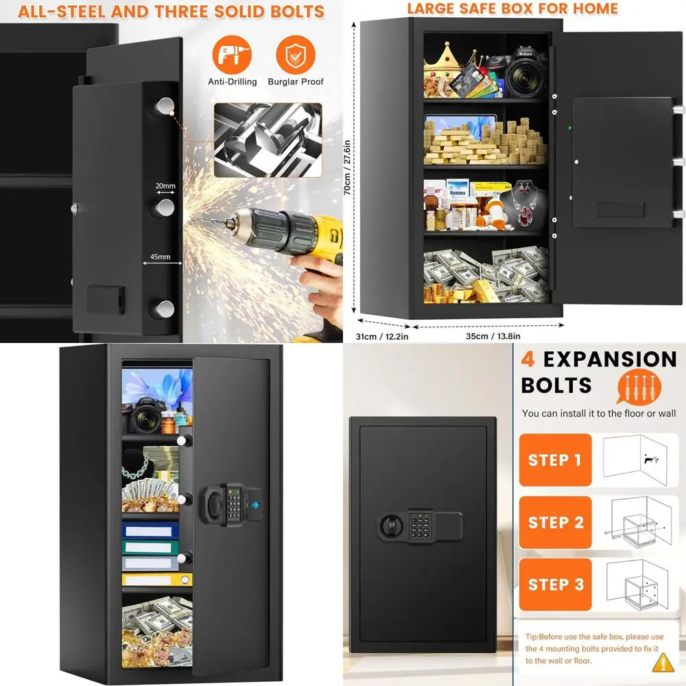 

Большой домашний сейф с двойной сигнализацией, светодиодной подсветкой, запасными ключами, защитой от кражи для ценных вещей и документов, 12.2D x 13.8W x 27.6H