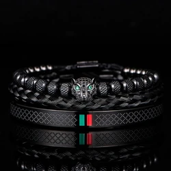 Braccialetto intrecciato fatto a mano di lusso da uomo pavimenta CZ testa di leopardo smalto braccialetto rosso verde gioielli in acciaio inossidabile Dropshipping