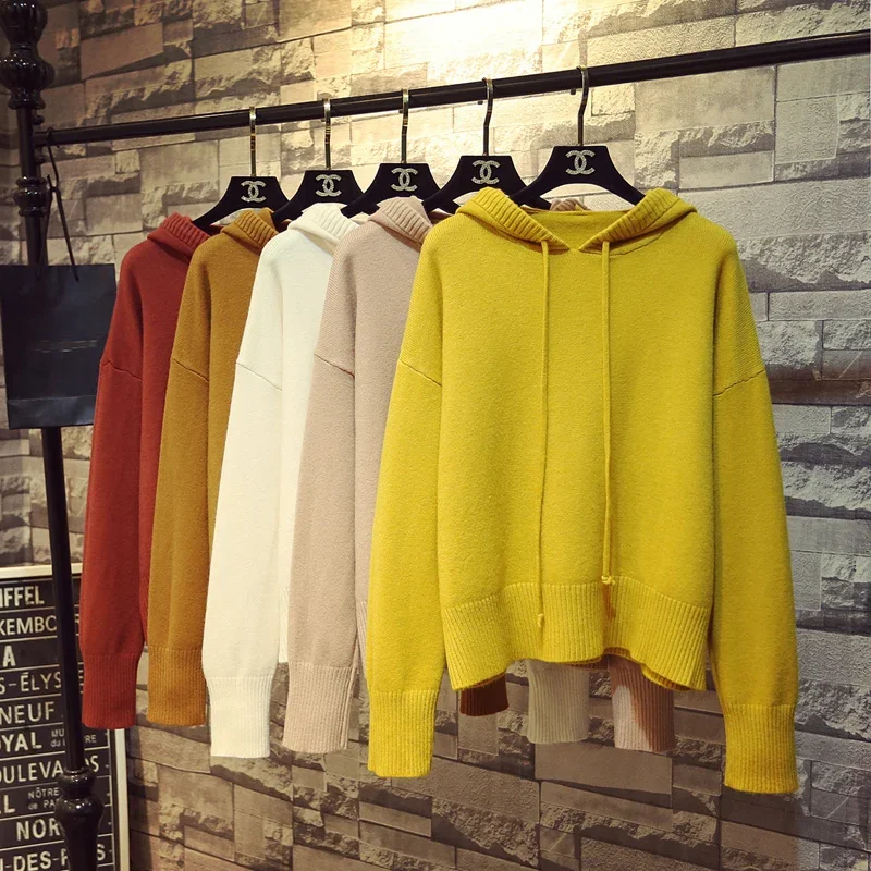 

Autumn Winter Loose Hooded Sweater Pullover Hoody Sweater Women's Knitted Sweatshirts dis5