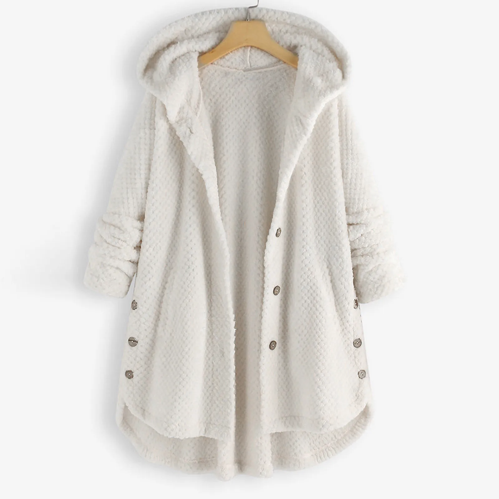 

Women's Lambs Wool Hooded Coat Oversize Irregular Long Hooded Button Fleece Jacket With Pockets Plus Size Plush Outwears пальто