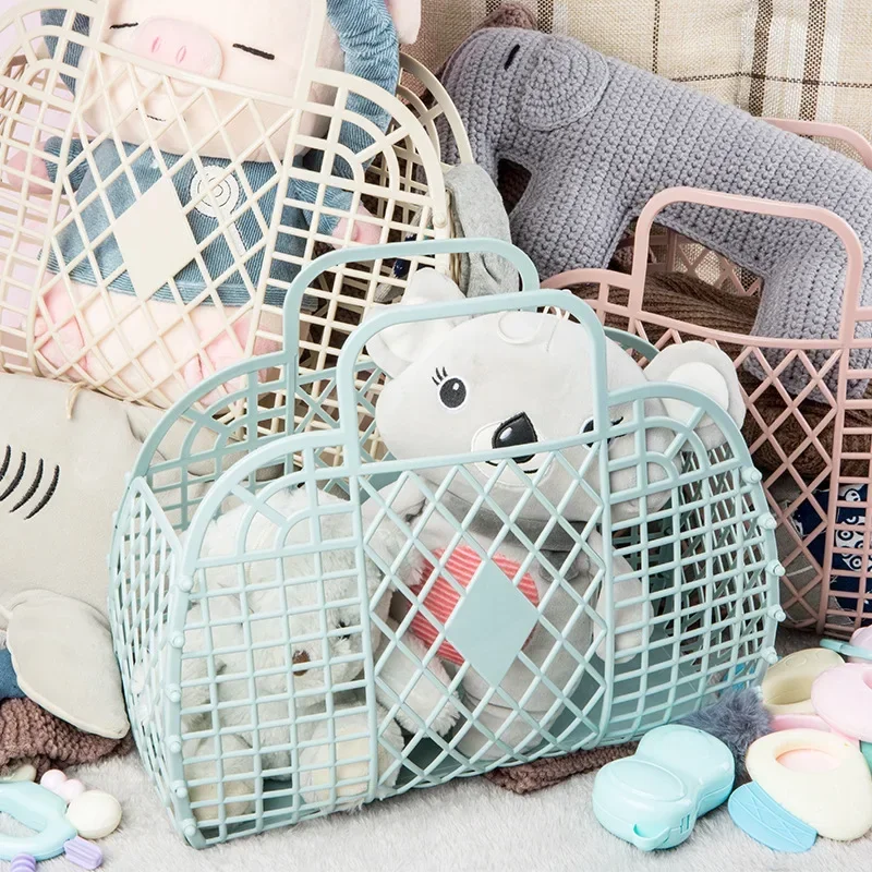 Bolsa de mano portátil de gran capacidad, cesta de baño de plástico, reutilizable y fácil de limpiar, para vacaciones en la playa, gran oferta
