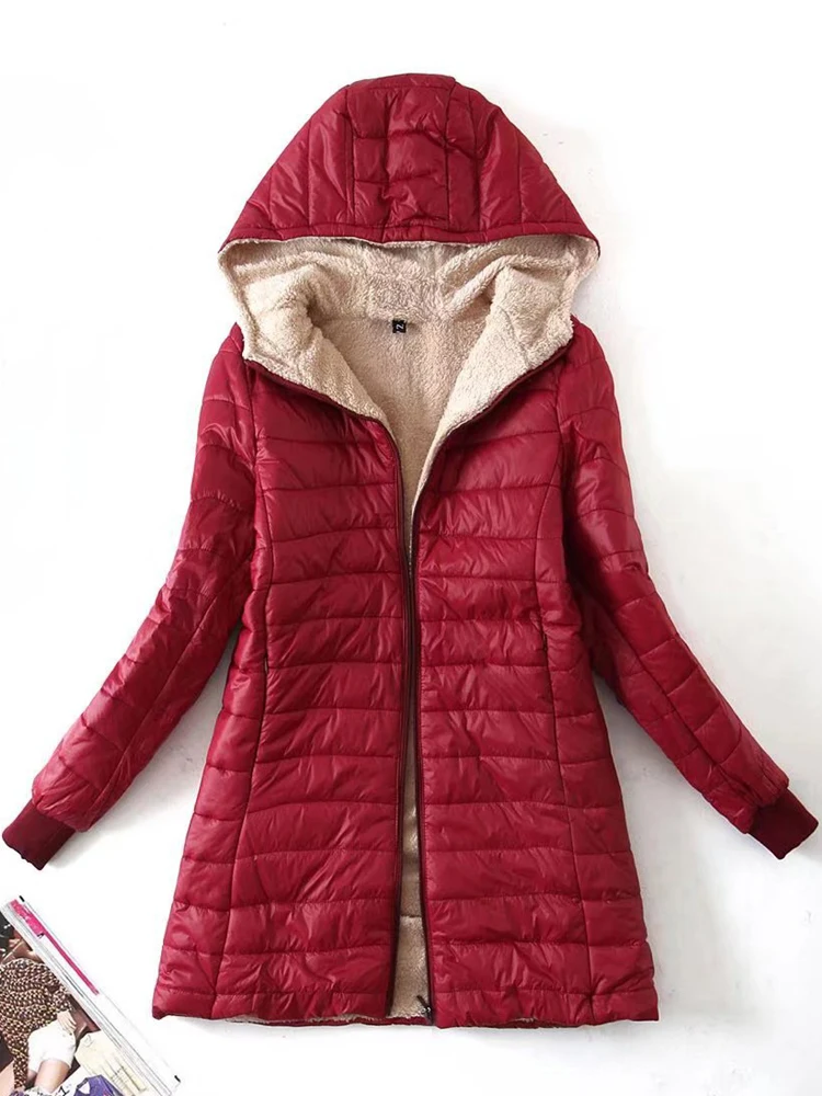 

Women Quilted Parkas 2023 New Winter Imitation Lamb Fleece Jackets Mid Length Warm Overcoat Hooded Cotton-padded Outerwear Coat