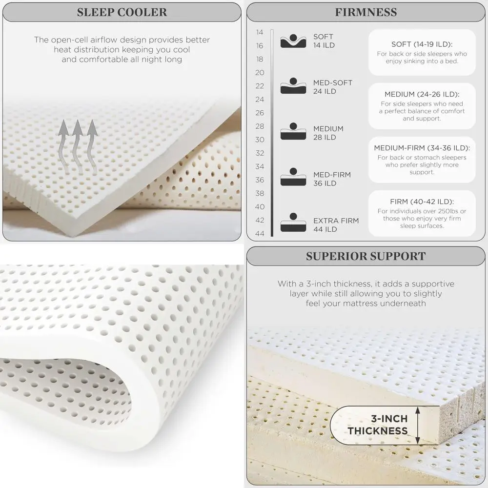 

3 Cal King Organic Latex Mattress Topper - Medium Firm, Made in USA, Plush Comfort, Pressure Relief, Supports Shoulders, Hips, B