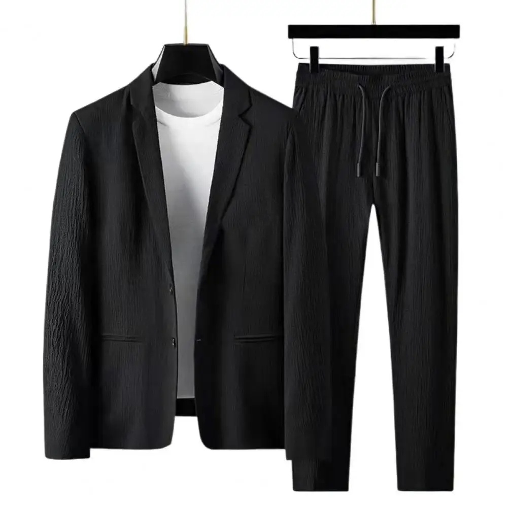 Eenvoudig Ontwerp Blazer Broek Vetersluiting Lente Zomer Effen Kleur Jas Elastische Taille Broek Temperament Mannen Pak Voor Feest