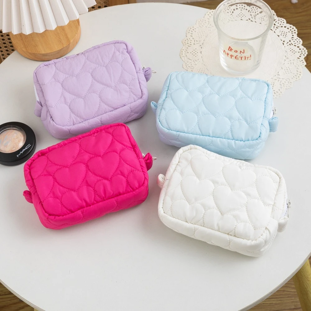 Women Cosmetic Bag Candy Color Cute Storage Bag Mini Portable Cotton Filled Quilted Love Hand held Makeup Storage Bags Ladies