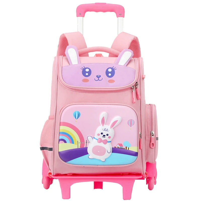 Trolley School Bag Boy Girl Kids Trolley Roller Bag Dinosaur Rabbit Preschool Wheeled Bags 6 Wheel Lightweight Backpack