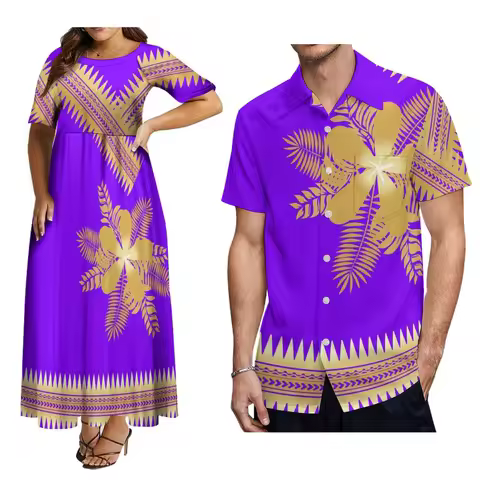 Custom Short Sleeved Long Skirt Tonga Polynesian Tribe Print Party Evening Dress Elegant Women'S Dress And Hawaiian Men'S Shirt