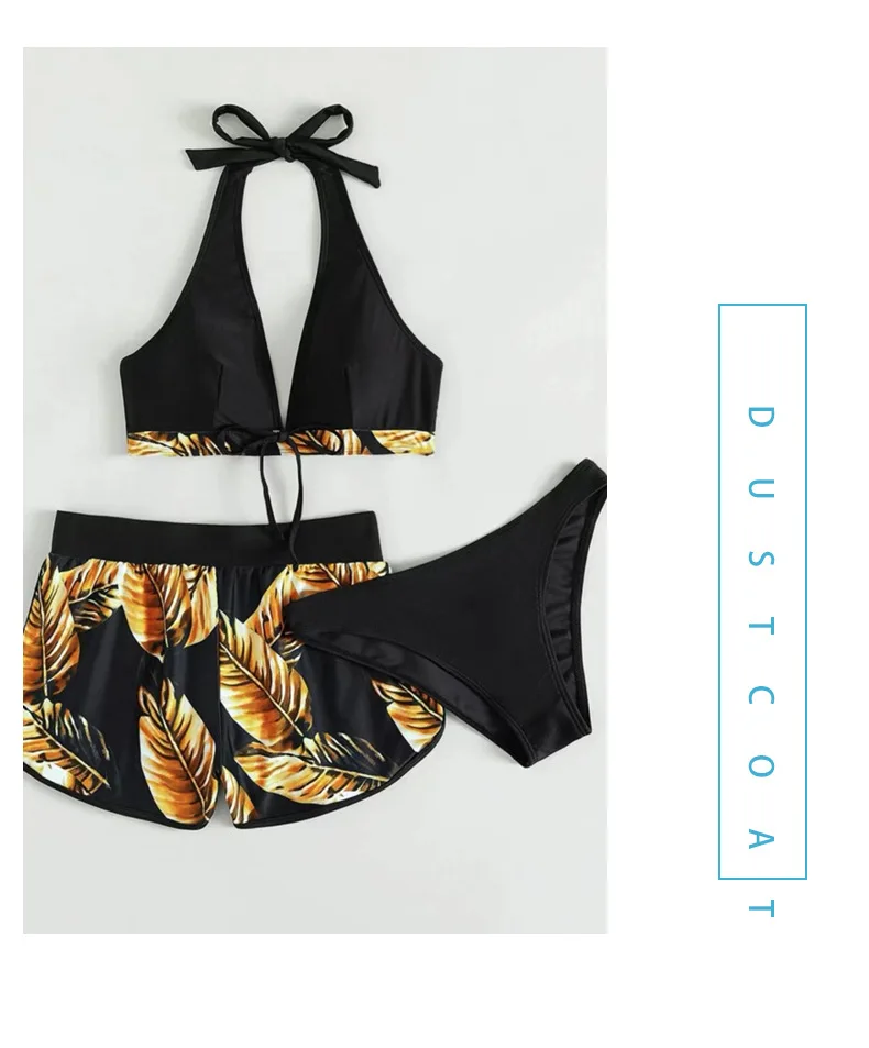 Mujeres 2025 Nuevos Bikinis 6 Colores Sexy Halter Bikini Conjunto de 3 piezas Estampado de hojas Traje de baño de talle 