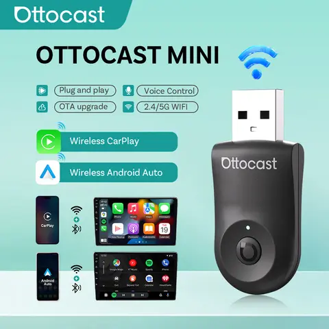 Ottocast 2 in 1 무선 CarPlay 안드로이드 자동 어댑터 플러그 플레이 메르세데스 벤츠 아우디 도요타 등을위한 빠른 연결 미니 USB 동글