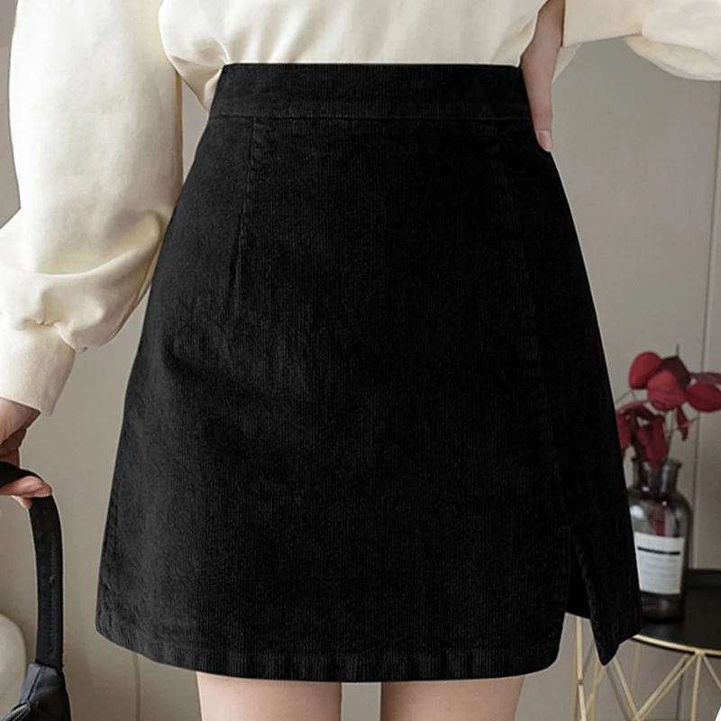 Zoki Harajuku Corduroy A Line Skirts Women Summer High Waist Sexy Slim Office Lady Mini Skirt Casual Solid Split Skirts New