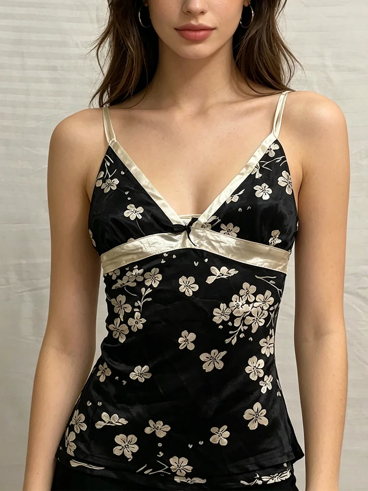 Women Deep V‑Neck Cami Nightdress Bow Decor Floral Print Sleeveless Slip Dress Back Elastic Mini Nightgown Home Loungewear