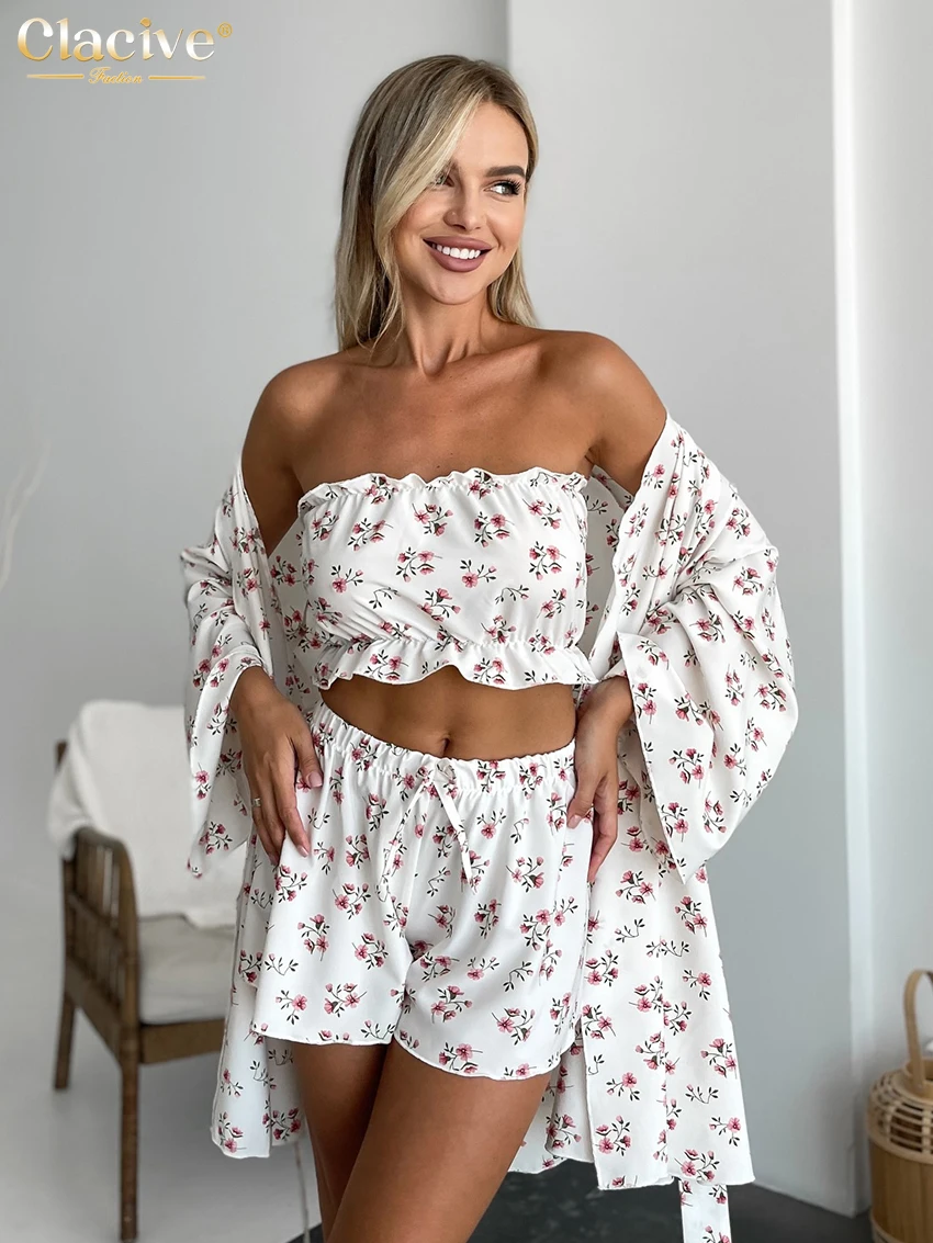 

Clacive Fashion Loose Print 3 Pieces Set For Woman 2026 Elegant Long Sleeve Robes + Tube Top With High Waist Shorts Set Female