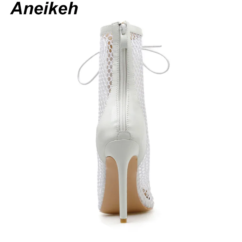 Aneikeh Fashion Women Ankle Boots Hollow Out Mesh High Heels Shoes Woman Lace-Up Open toe Sexy Sandals Boots Mujer Black White