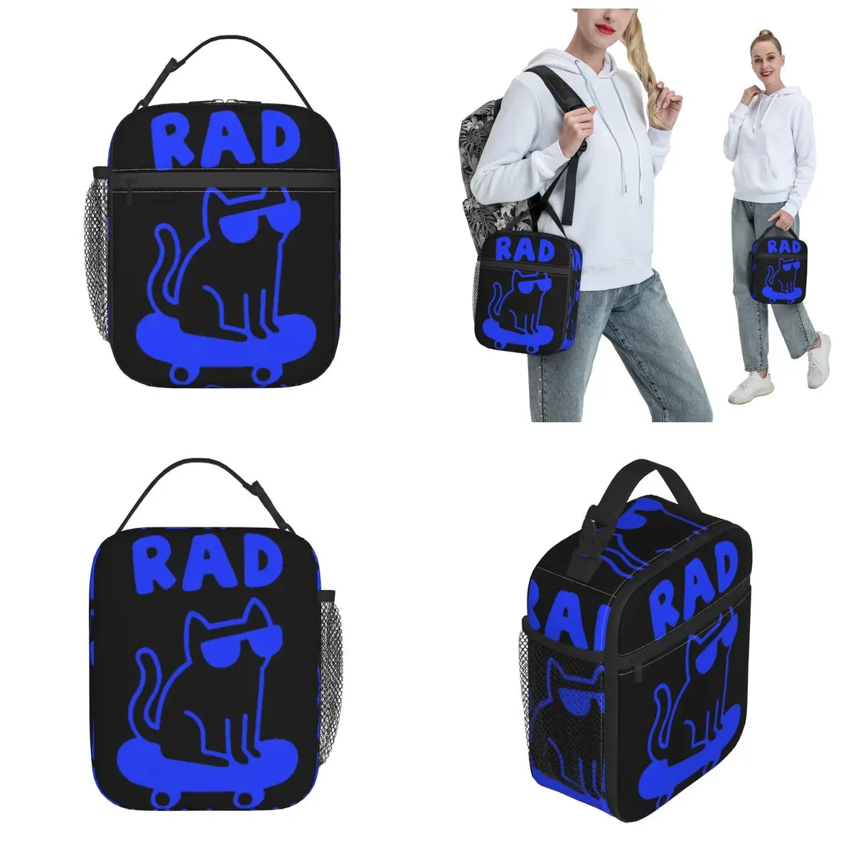 Funny Skateboard Cat Insulated Lunch Bags Cool Cat Kawaii Food Container Bags Portable Thermal Cooler Bento Box For Work