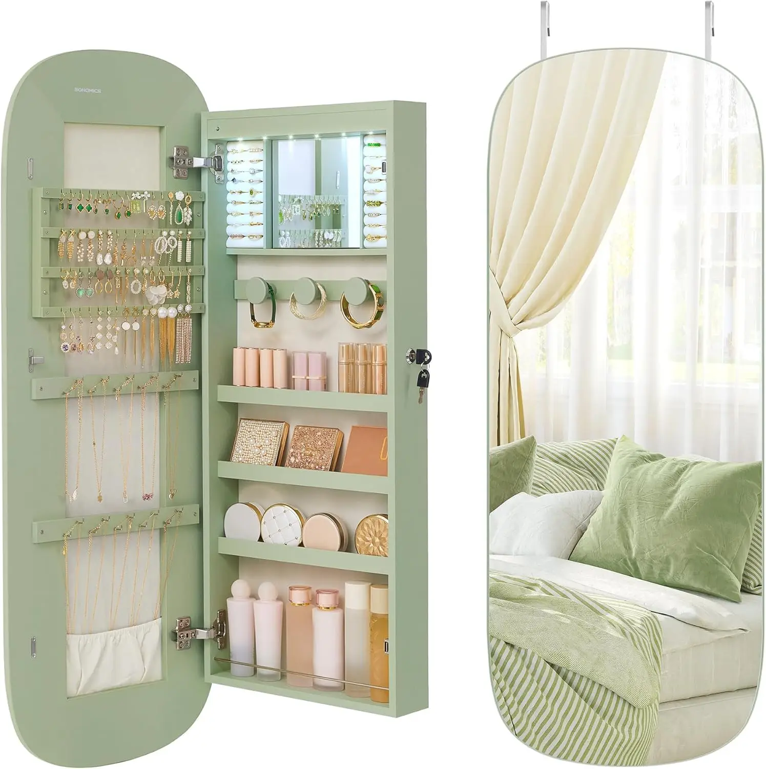 Organizer, LED Jewelry Cabinet Wall or Door Mounted, Lockable Rounded Wide Mirror with Storage, Interior 3.9 x 16.5 x 42.5