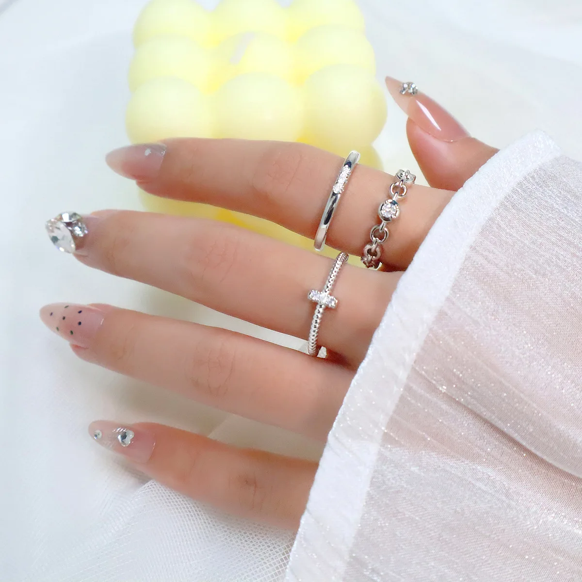 925 Sterling Silver Jewelry Zircon Crystal Chain Cross Stacking Finger Rings for Women Wedding Party Jewelry Girls Friends Gift
