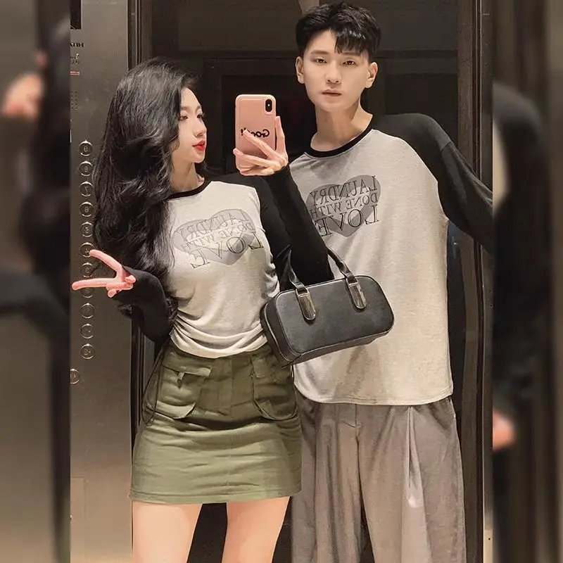 Couple's Spring 2024 New Tee Korean Edition Instagram American Drawstring Long Sleeved T-shirt Top Trendy Female Clothing