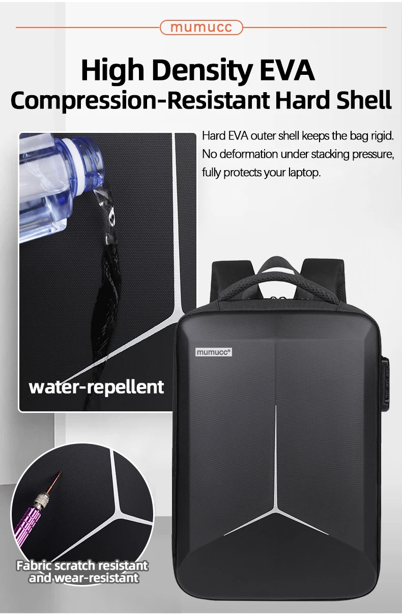 MUMUCC Hard EVA Shell Laptop Backpack Shockproof USB Type C Charging Anti Theft Password Lock Travel Backpack with Luggage Strap