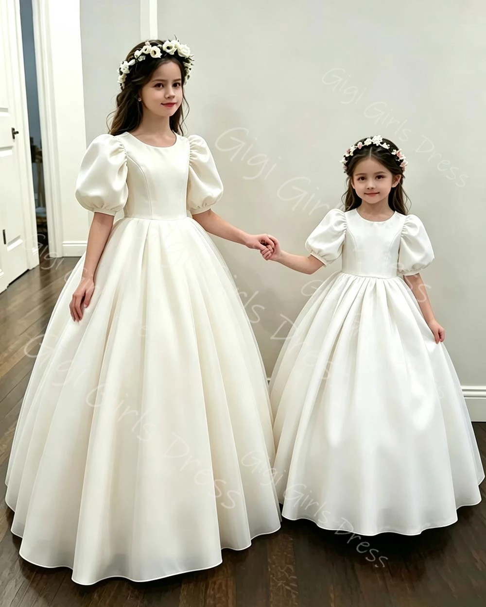 Ivory Satin Flower Girl Dress For Wedding Puffy Sleeves Round Neck First Communion Kids Birthday Party Dress Custom Ball Gown