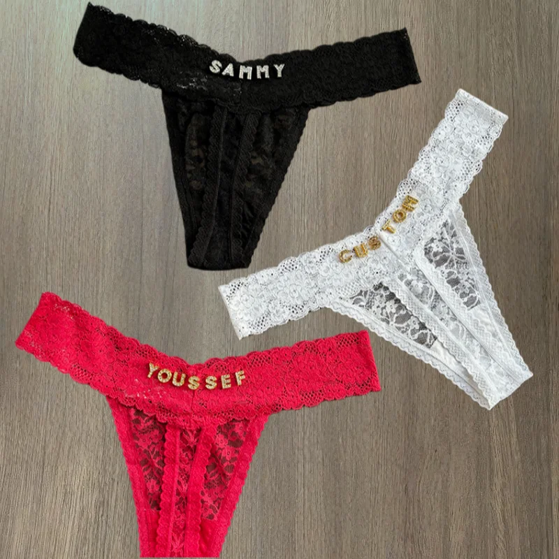 Personality Custom Name Crystal Letter Thong Sexy Lace Bikini Panties G-String Low Waist Briefs Ladies Knickers Hot Wife Gift