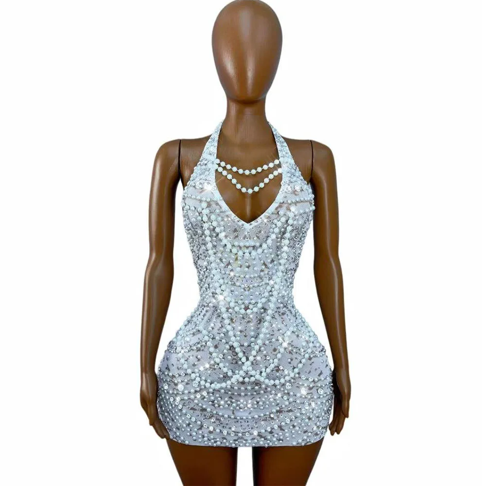 Sexy High-end Elegance Shiny Pearls Strings Rhinestones Halter neck Dress Evening Birthday Party Gowns Fashion Show Stage Wear