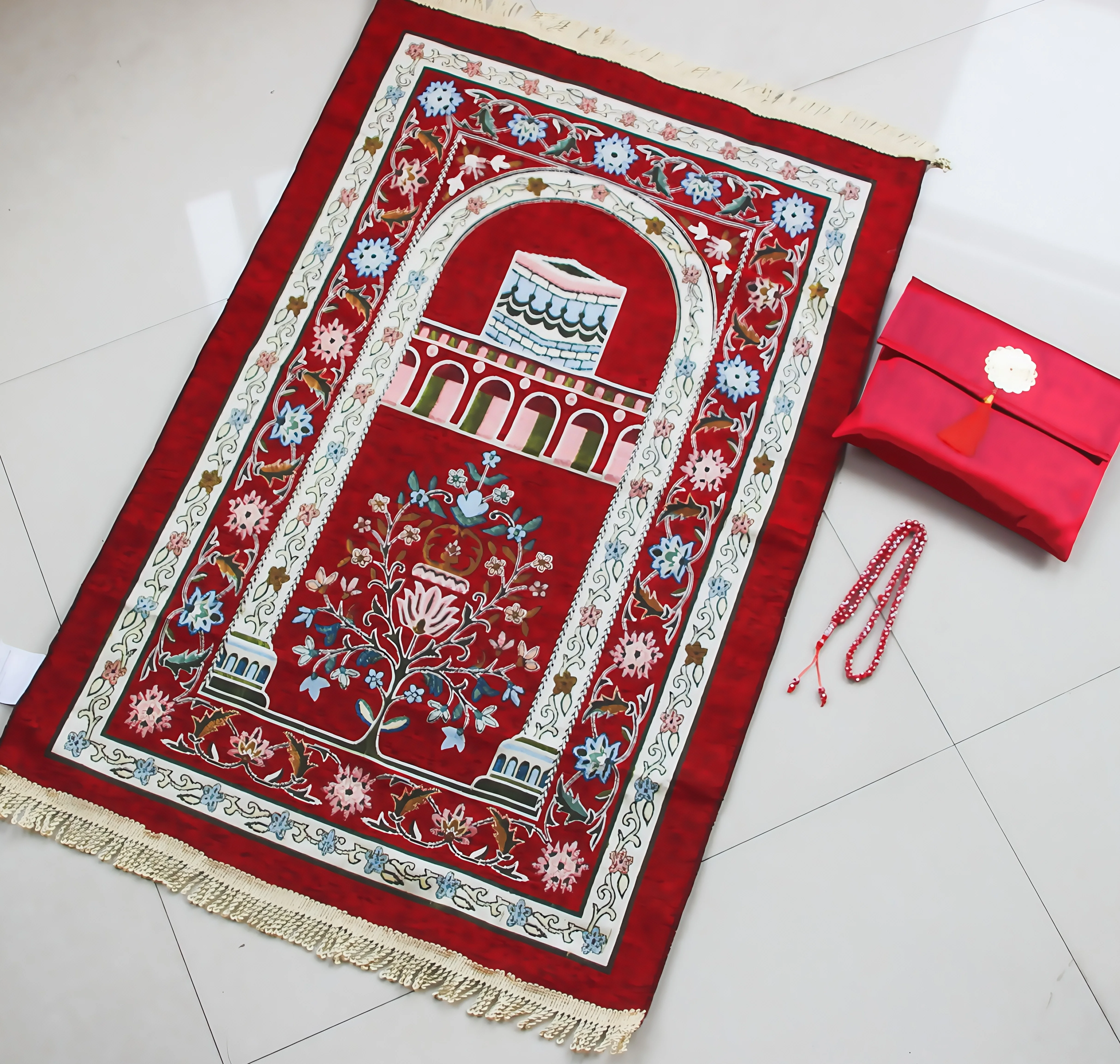 New Kaaba Print Chenille Prayer Mat with 99-Bead Tasbih & Satin Storage Bag
